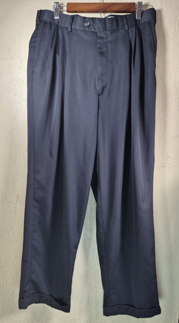 Bill Blass Men’s Black Dress Pants 34x30 Pleated Cuffs Microfiber Formal Luxury